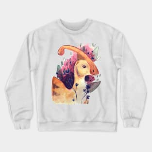 Cute Parasaurolophus Dinosaur Painting with Flowers and Leaves Crewneck Sweatshirt